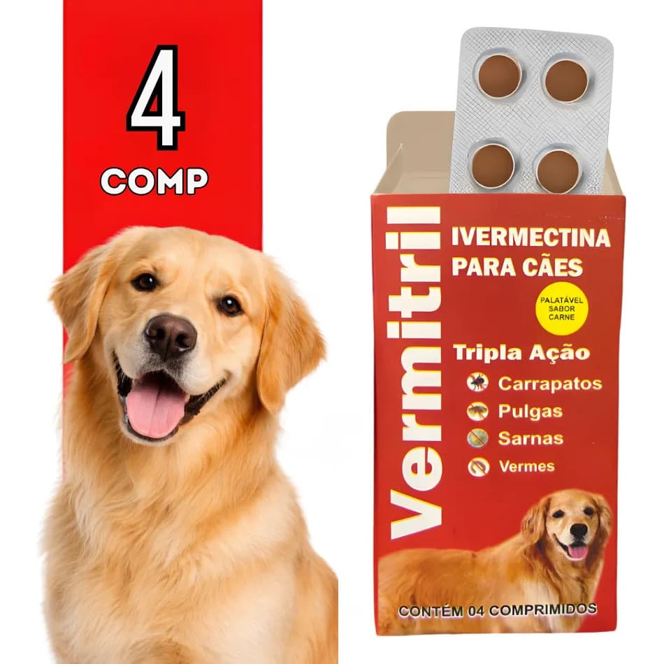 Vermitril Anti Carrapatos, Vermes, Pulgas E Sarnas | 4 Comp 15kg Mastigável Sabor Carne P/ Cachorro