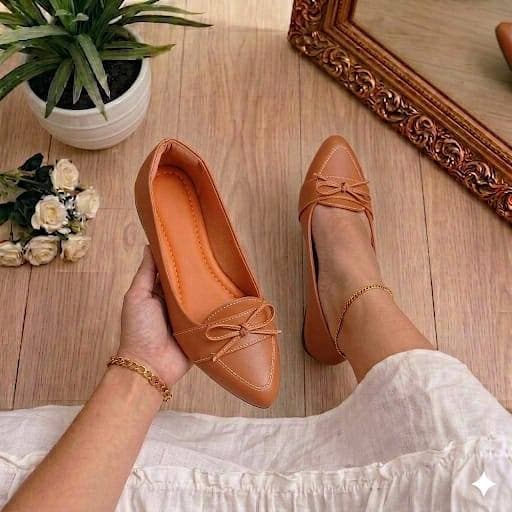 Sapatilha MocassimFeminina Confortável Bico Fino Laço Caramelo  Elegante Para Trabalho e Dia a Dia