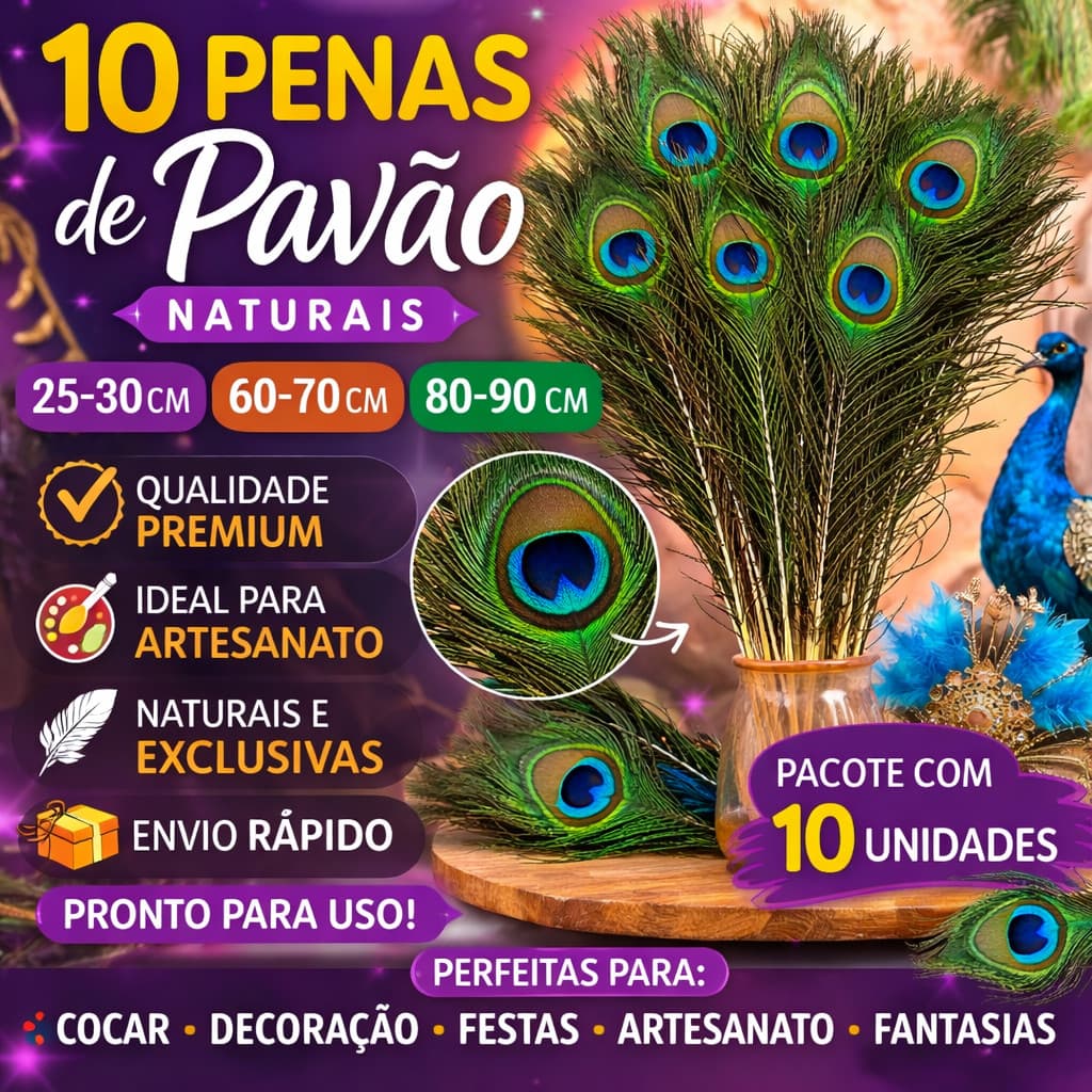 Kit 10 Penas de Pavão Natural Grande Artesanato Decoração Cocar Fantasia 25-30 / 60-70 / 80-90cm