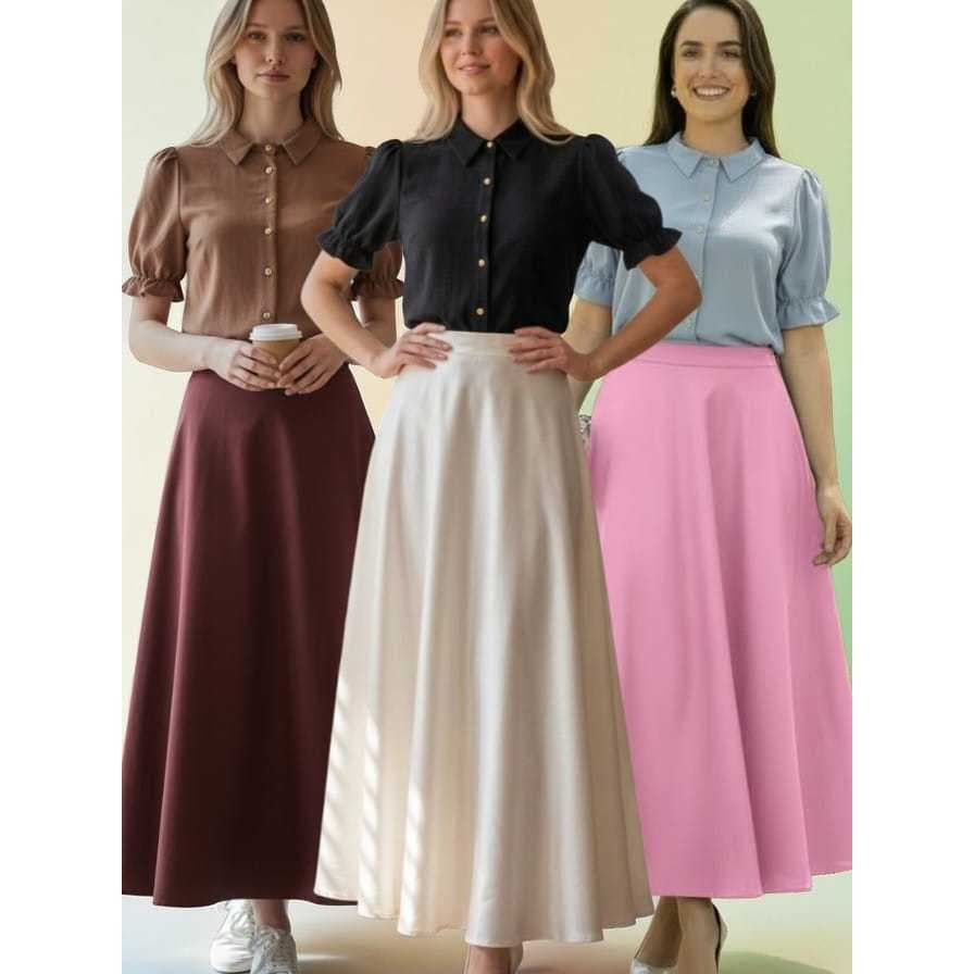 Saia Longa Rodada Acetinada Cintura Alta  Zíper Moda Evangélica Elegante Outono Feminina Tendencia