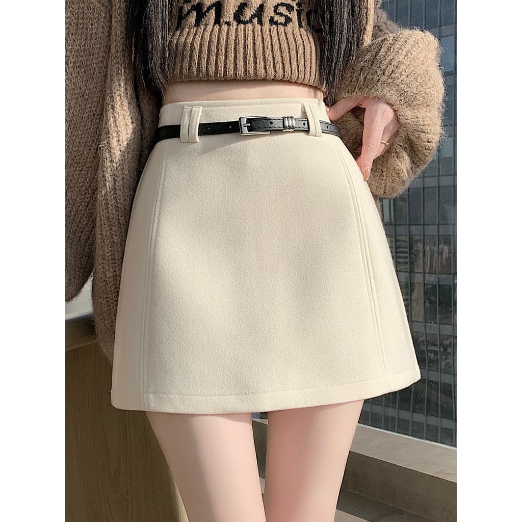 Doce estilo picante A linha saia de lã feminina outono inverno com botas cintura alta mais magro olhar bege temperamento