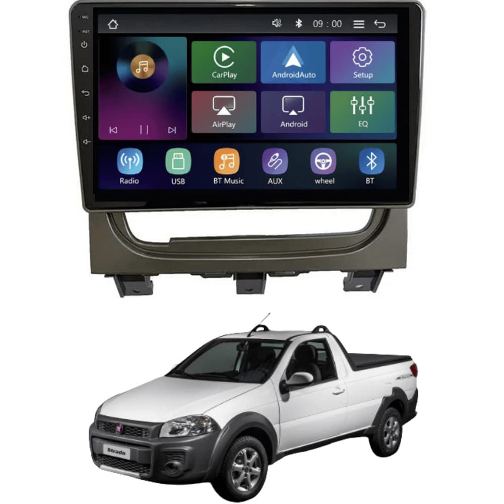 Central Multimídia MP5 Fiat Strada 2013 até 2019 Tela de 9p Carplay e Android Auto Sem Fio - RS-9200BR Pro Line