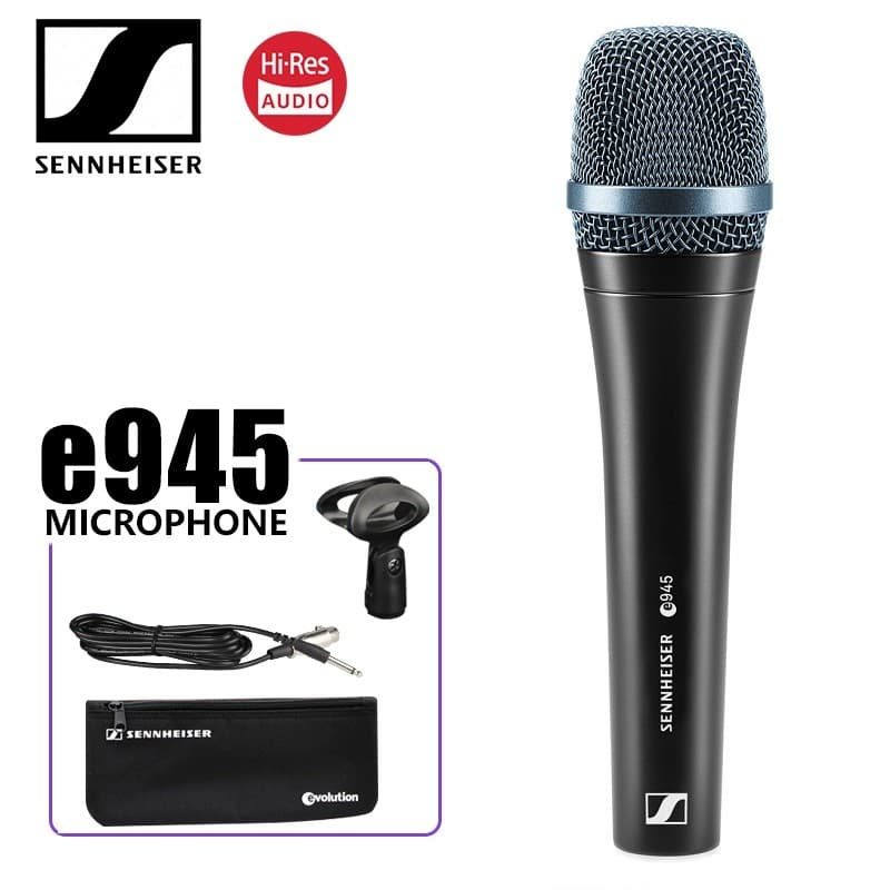 Microfone cardióide dinâmico com fio Sennheiser E945 reduz a interferência de ruído, redondo de qualidade de som nítida,
