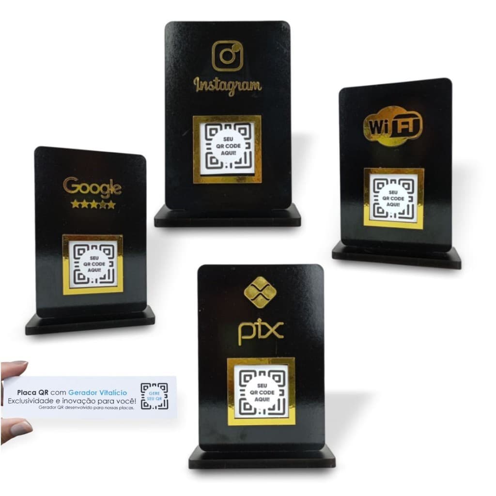 Placa Pix QR Code MDF 3mm Display de Mesa Suporte QR Code Instagram Wi-Fi Placa para Pix Alto Brilho
