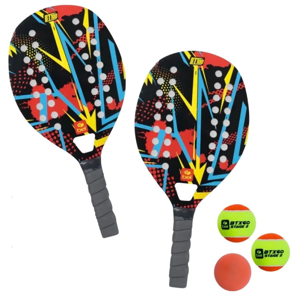 Kit 2 Raquetes Beach Tennis em Madeira Red + 3 Bolinhas Esporte Praia