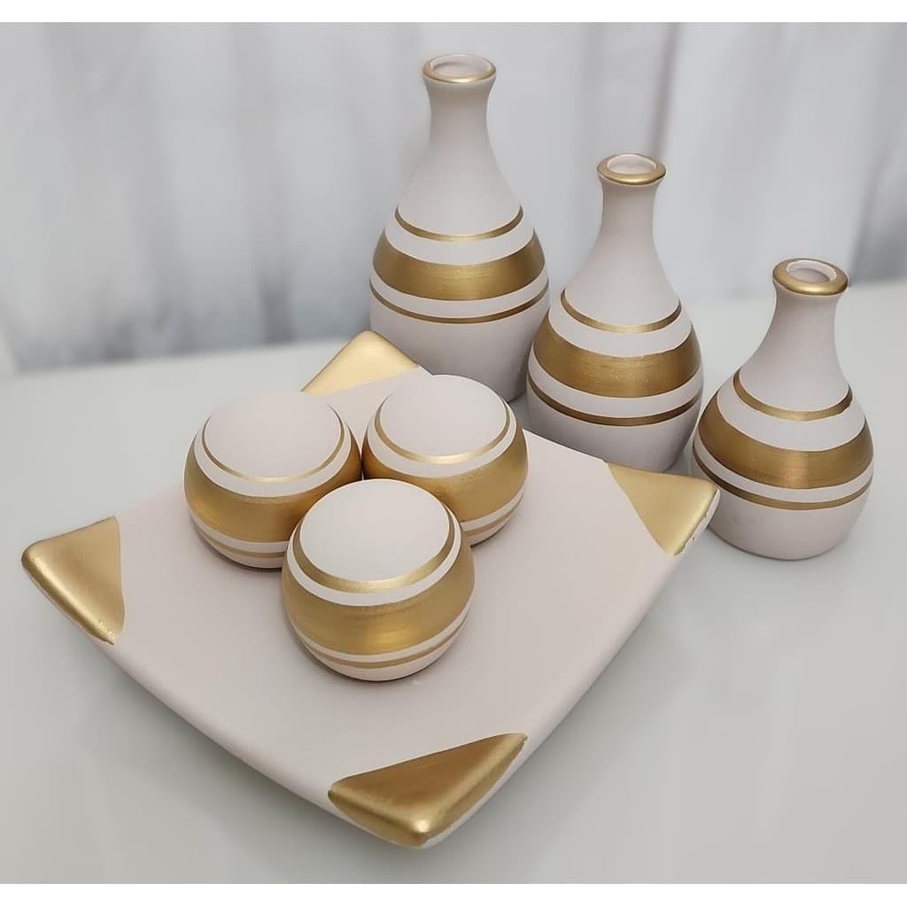 Kit 7pç Prato Vasos Cerâmica decoração centro mesa rack sala