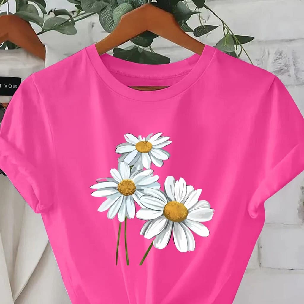 T-shirt casual  para mulheres com estampa de margaridas brancas - manga curta, top de moda de verão, camisetas femininas