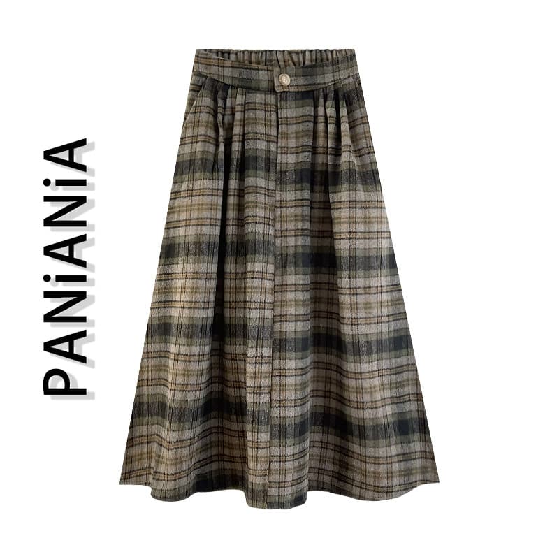 PANiANiA japonês Retro xadrez elástico cintura alta A linha Drape lã saia plissada guarda-chuva saia na moda ins