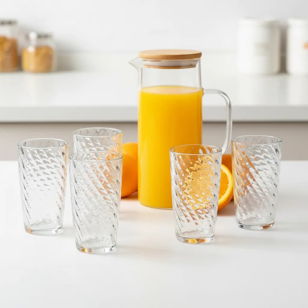 Kit Vidro: Conjunto De Copos Long Drink 400ml 6 Peças + Jarra Com Tampa De Bambu 1,2l