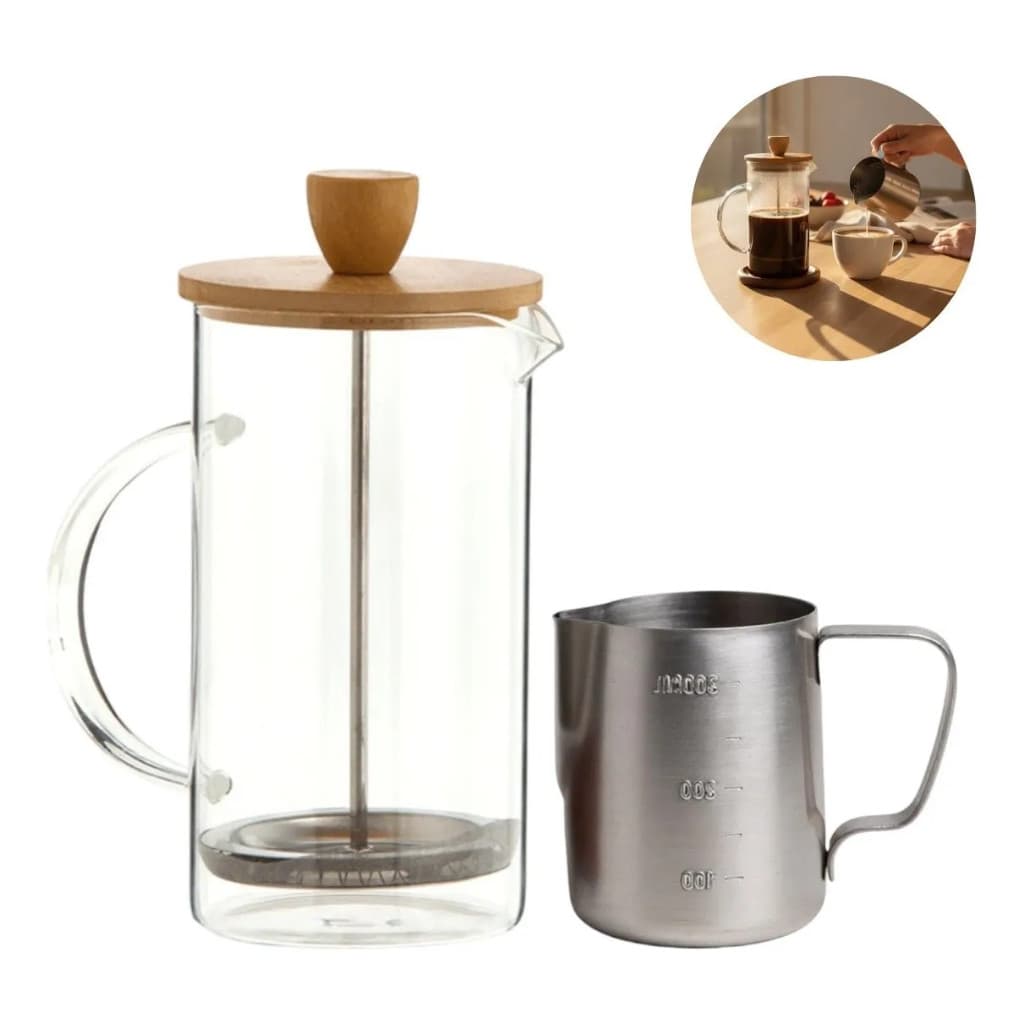 Cafeteira Prensa Francesa Vidro 350ml + Leiteira Inox 350ml Kit