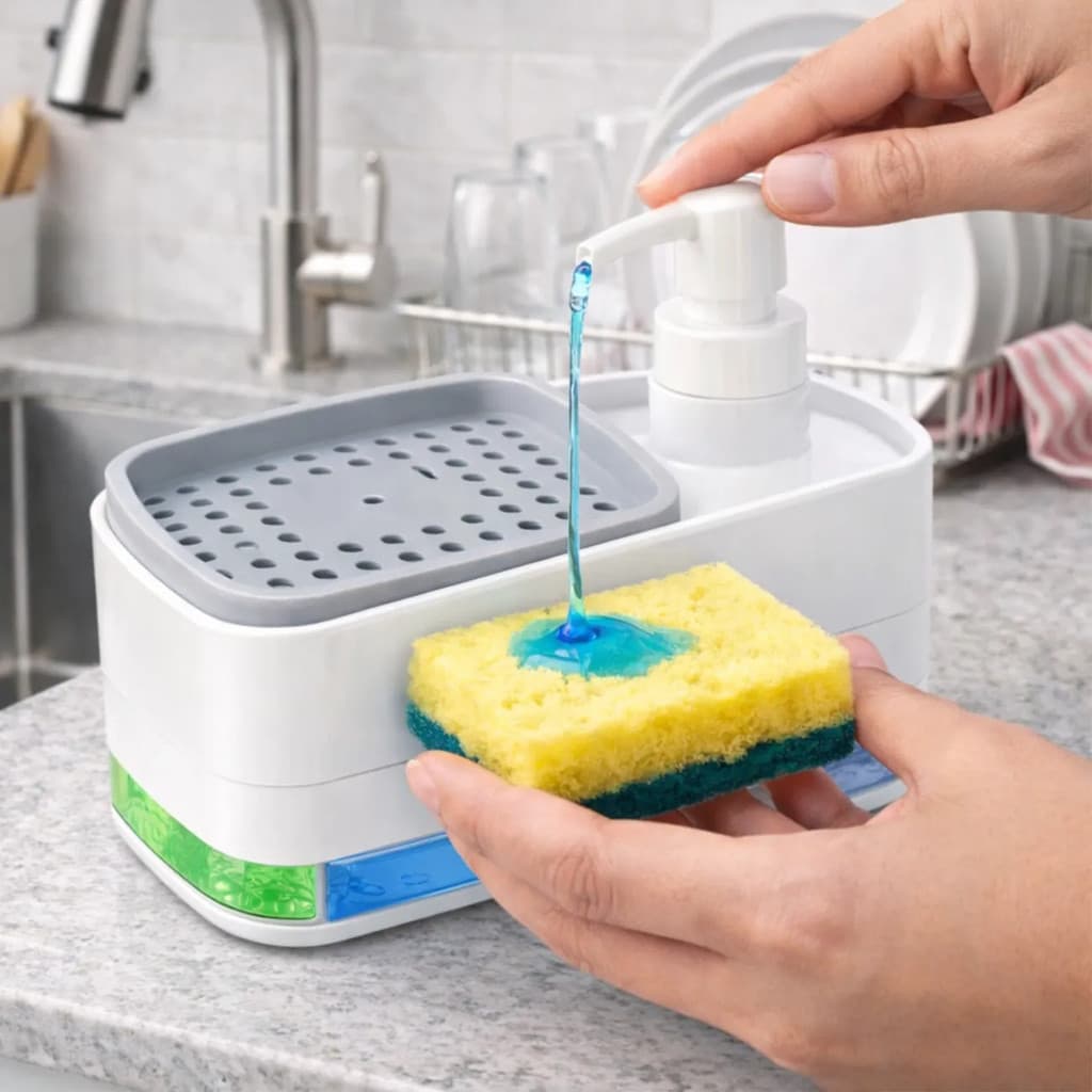 Dispenser Sabão Porta Detergente 3x1 Pia Cozinha + Esponja