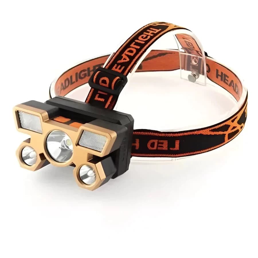 Lanterna de Cabeça 5 LED - Ouro, Alcance 350-1000m, Luz Super Distante, Bateria de Longa Duração