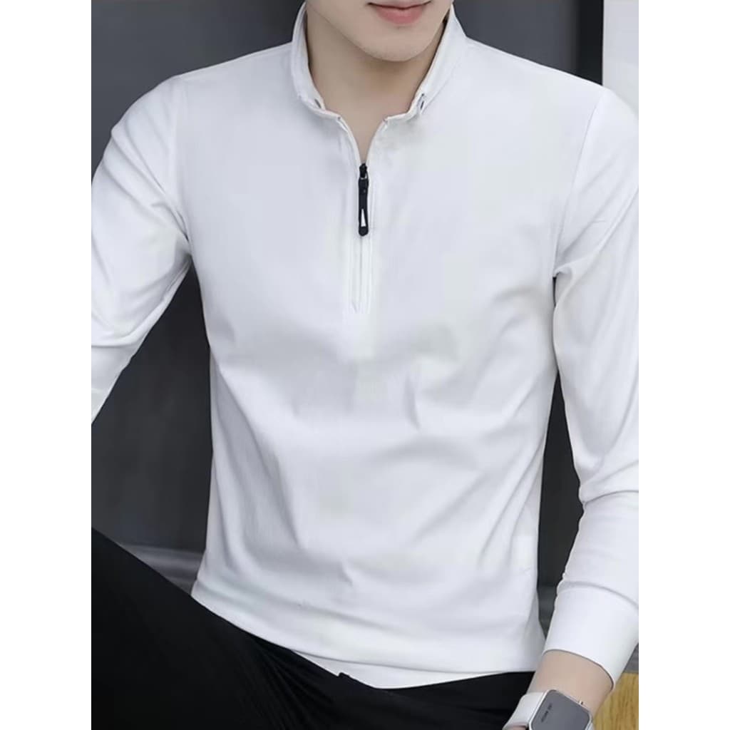 Meio zíper gola alta bordado camisa Polo masculina de manga comprida outono novo estilo masculino Modal Paul camiseta Sw