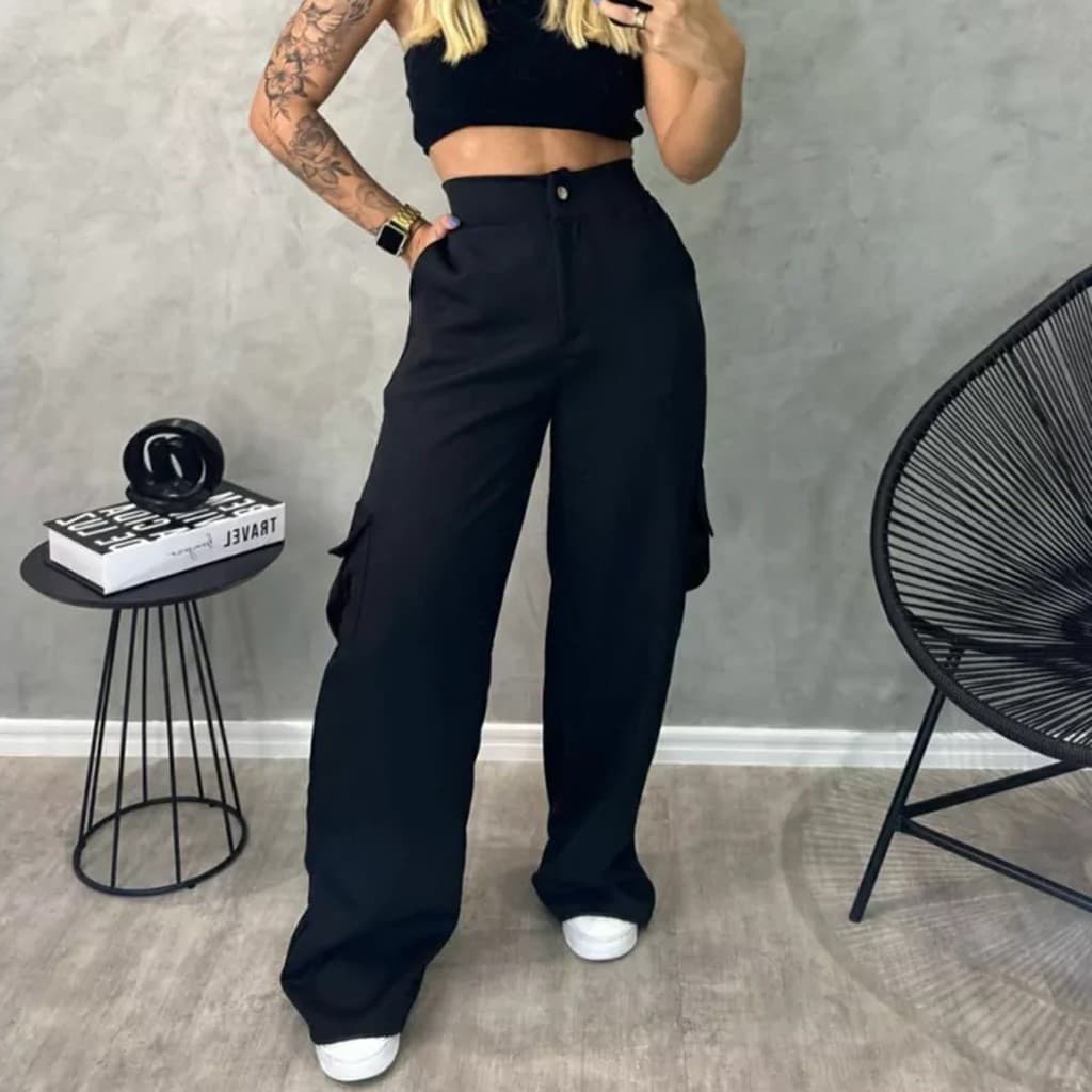 Calça Cargo Alfaiataria Moda Feminina Pantalona WideLeg com Bolsos Laterais