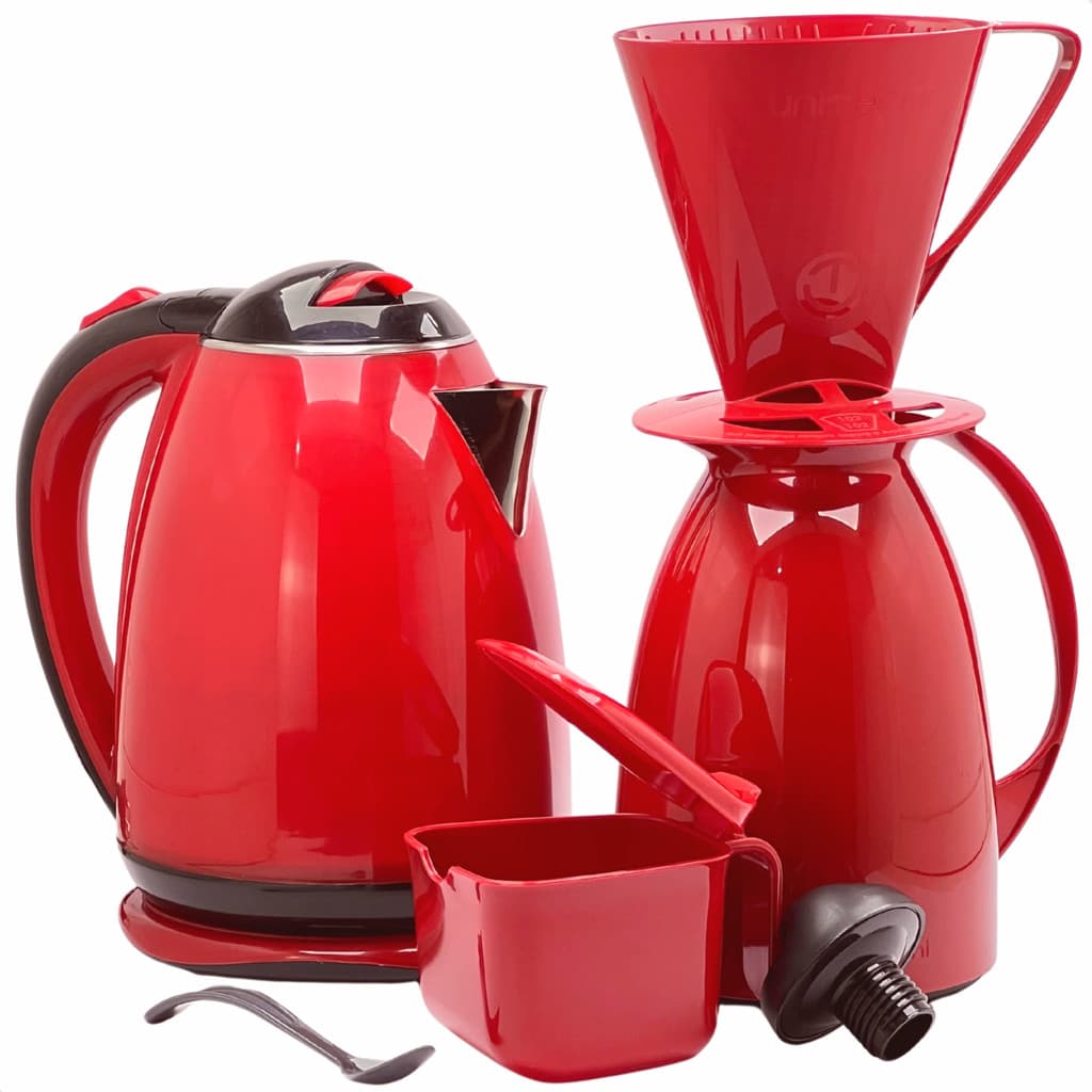 Kit Chaleira Elétrica Vermelha Garrafa Térmica 650ml Suporte Filtro Açucareiro Café 220v