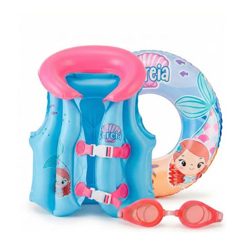 Kit Infantil Praia Piscina Sereia Colete + Boia + Óculos