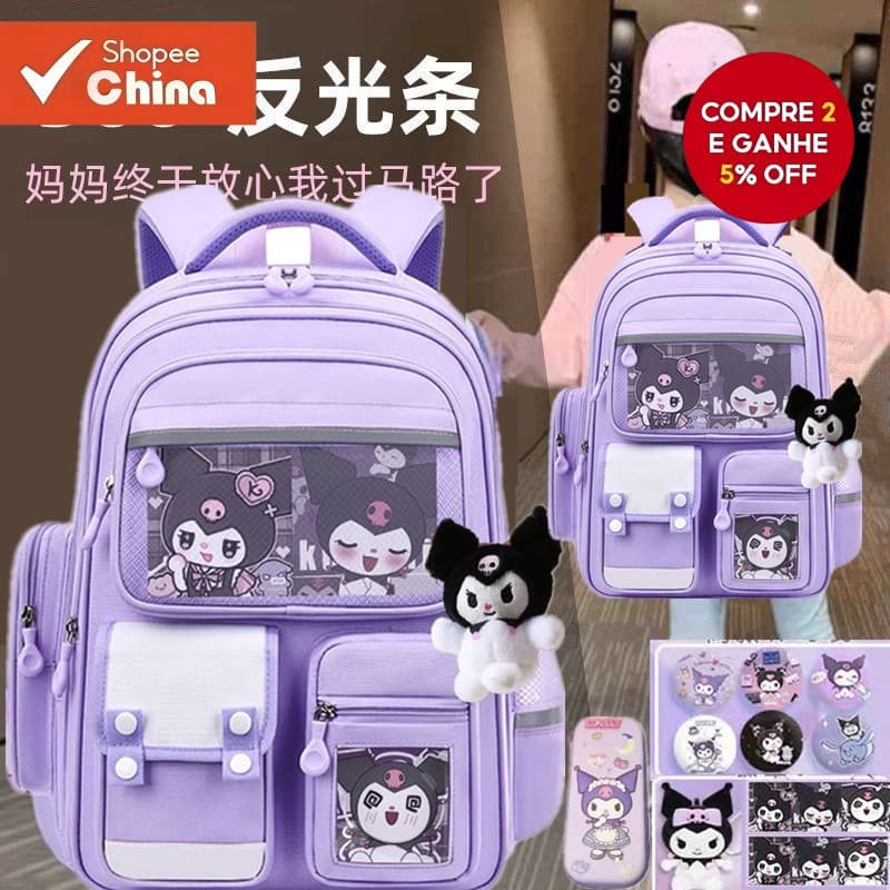 Mochilas escolares fofas de grande capacidade para estudantes do Ensino Fundamental da Escola Kuromi, meninas, desconto