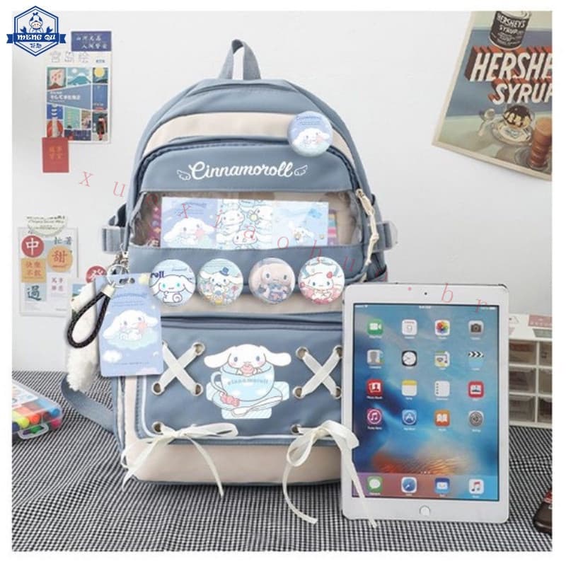 Mochila escolar estilo coreano Sanrio Cinnamoroll Melody Kuromi para meninas, estudantes, mochila de nylon à prova d'águ
