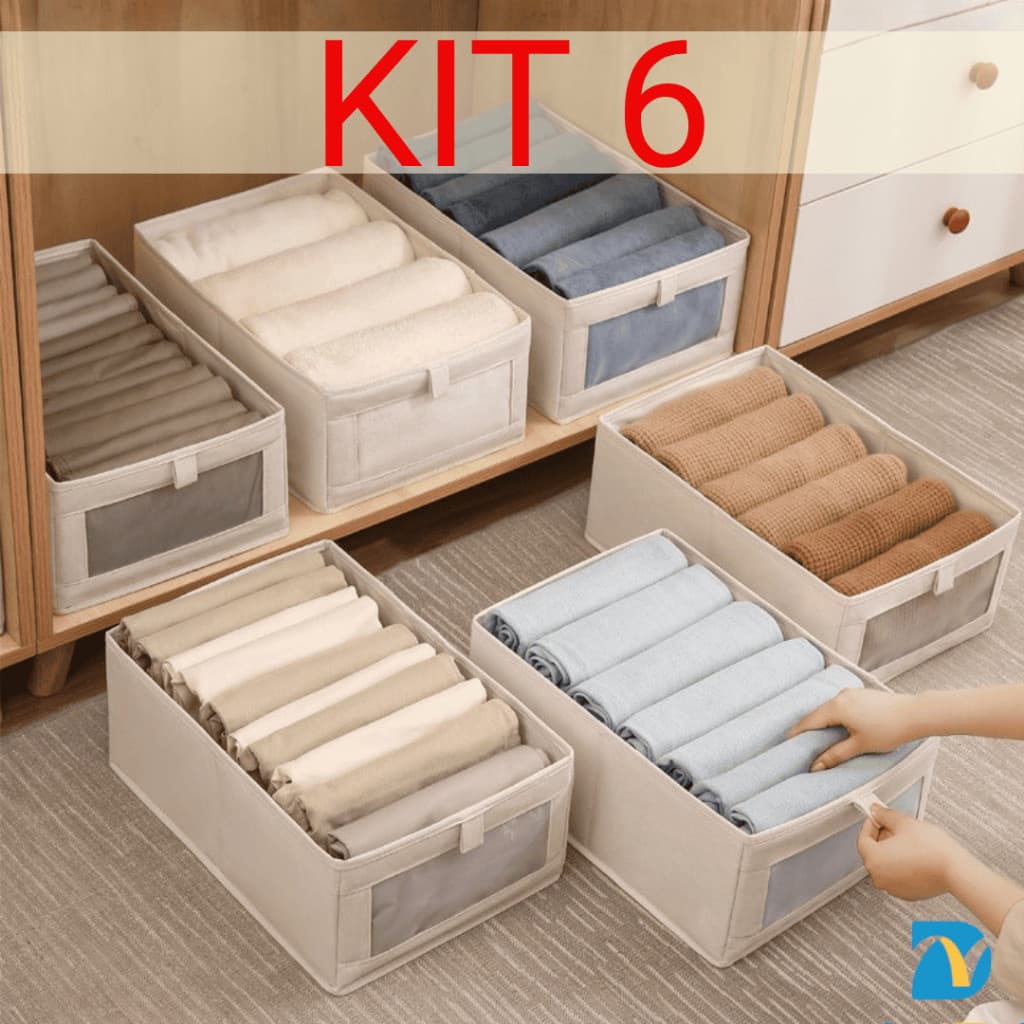 KIT 4/6 Caixa Organizadora Dobrável em Linho com Visor para Roupas Cobertores Armário Organizado