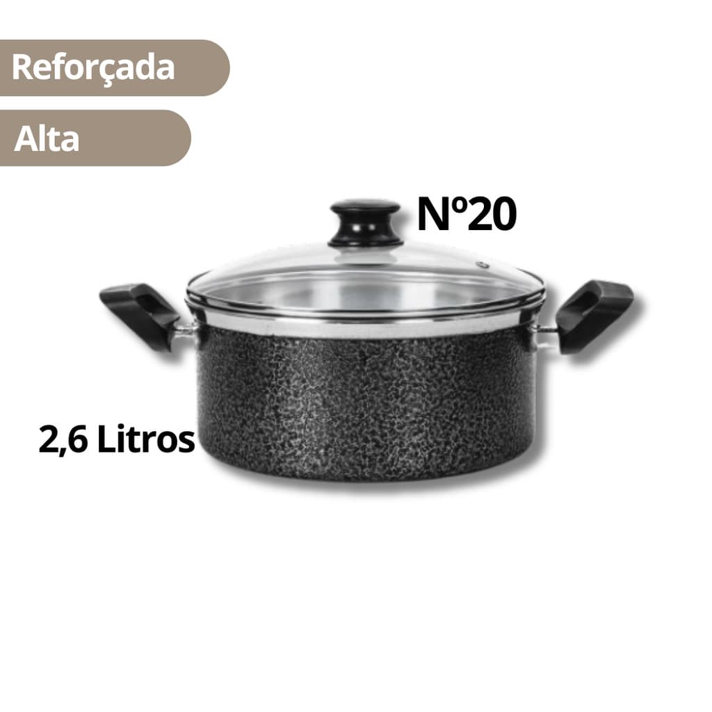 Caçarola Grande Penela Reforçada e com Tampa de Vidro Tamanho N°20 Preto 2,6 Litros