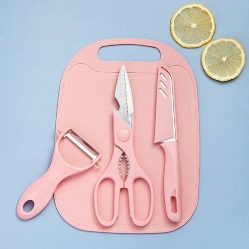 Kit Utensílios Cozinha 4 Peças Faca Tesoura Descascador Tábua Corte Inox