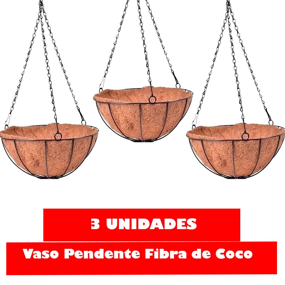 KIT 3 Vasos 20cm Pendente de Fibra de Coco com Corrente