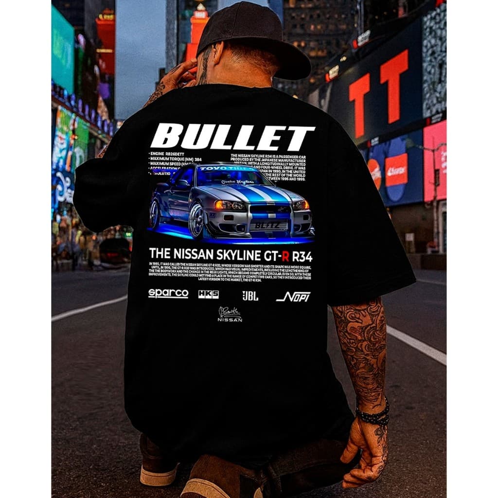Camiseta Streetwear Masculina Oversized Bullet Sky R34 Estampada Carro top