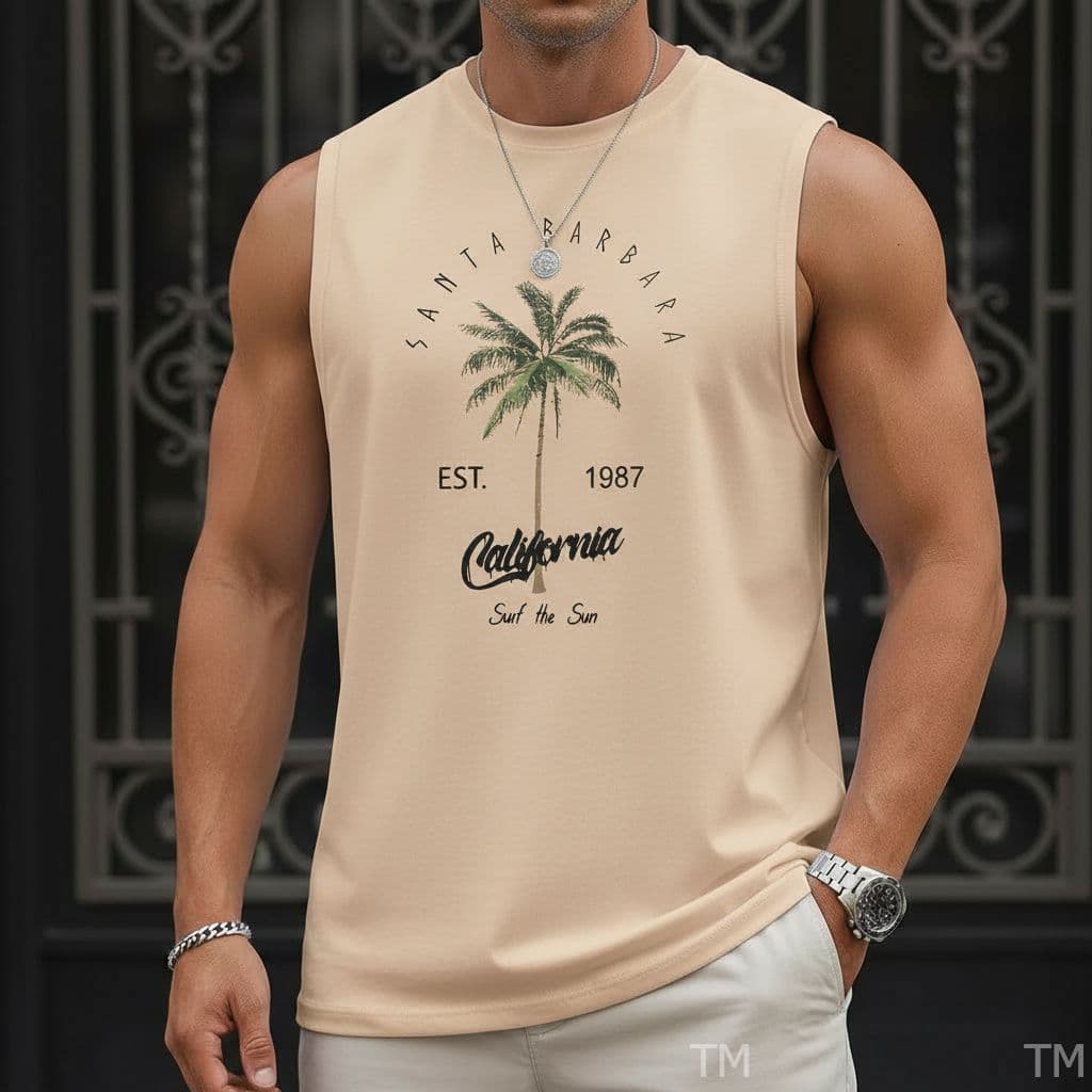 Regata Estilosa Casual Gola Redonda Masculina Estampada Coqueiro Academia Street Algodão Respirável