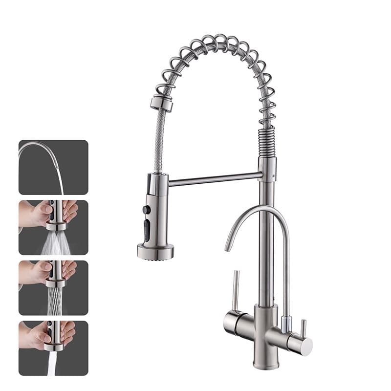 Torneira de Cozinha 3 Vias com Filtro Água Quente e Fria Rotação 360° Aço Inoxidável 304