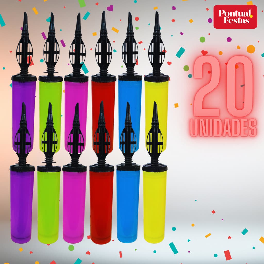 KIT 20 Bomba Inflador de Balão e Bexiga Manual Profissional. Encher Balões e Bexigas Cores Sortidas