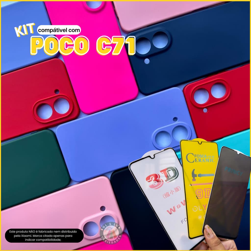 Kit Capa Capinha compatível com Xiaomi Poco C71 + Película 3D Cerâmica Privacidade Câmera