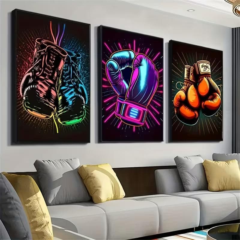 Quadro Decorativo Luvas de Boxe Neon Colorido Kit 3 Peças