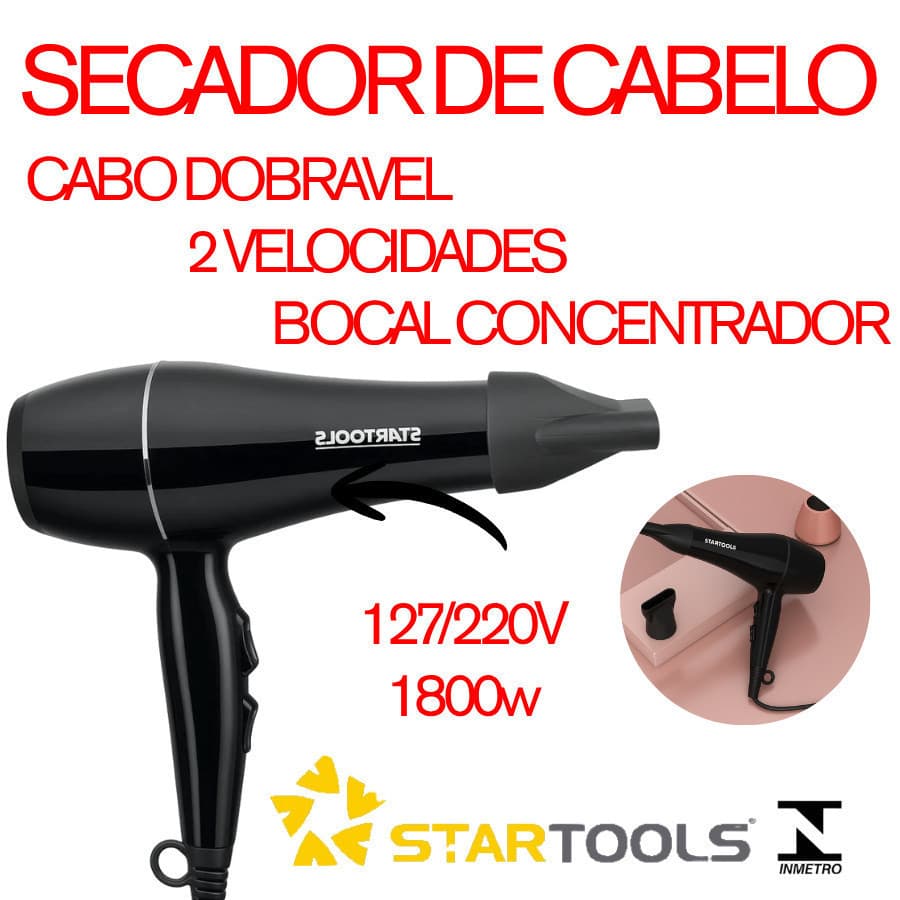 Secador De Cabelo Profissional Cabo Dobrável 1800W 2 Níveis de Calor Startools