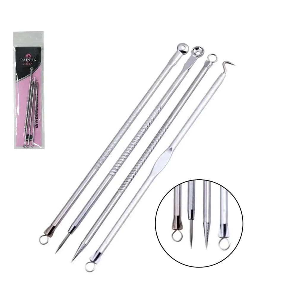 Kit Extrator Cravo Espinha 4 Peças Aço Inox Limpeza Pele Profissional