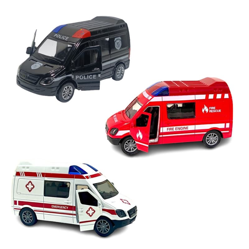 Van Carrinho De Ferro Metal Miniatura Abre Portas Fricção Profissões Ambulância Policia Bombeiro