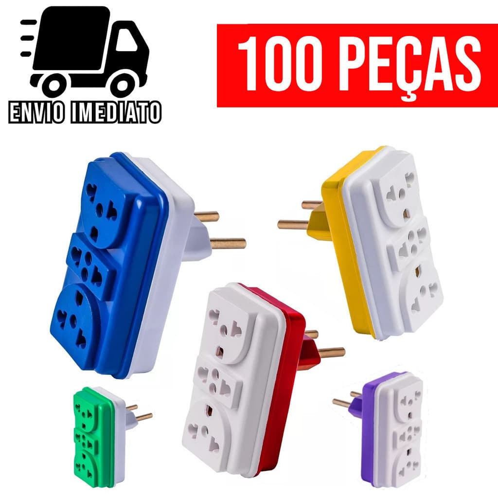 Kit 100 Adaptador de Tomada Benjamin T Colorido Universal 3 Entradas 10A 20A Bivolt