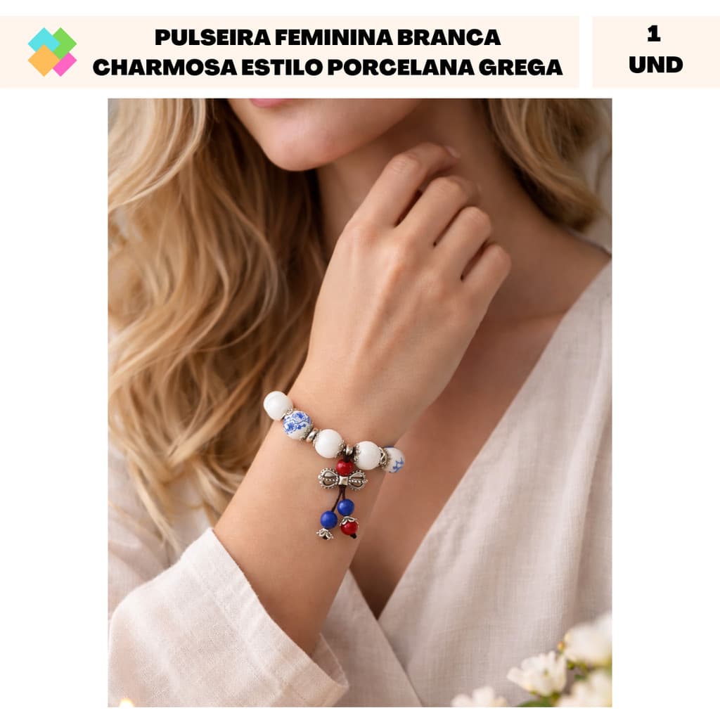 Pulseira Feminina Branca Charmosa Estilo Porcelana Grega (1 Und)