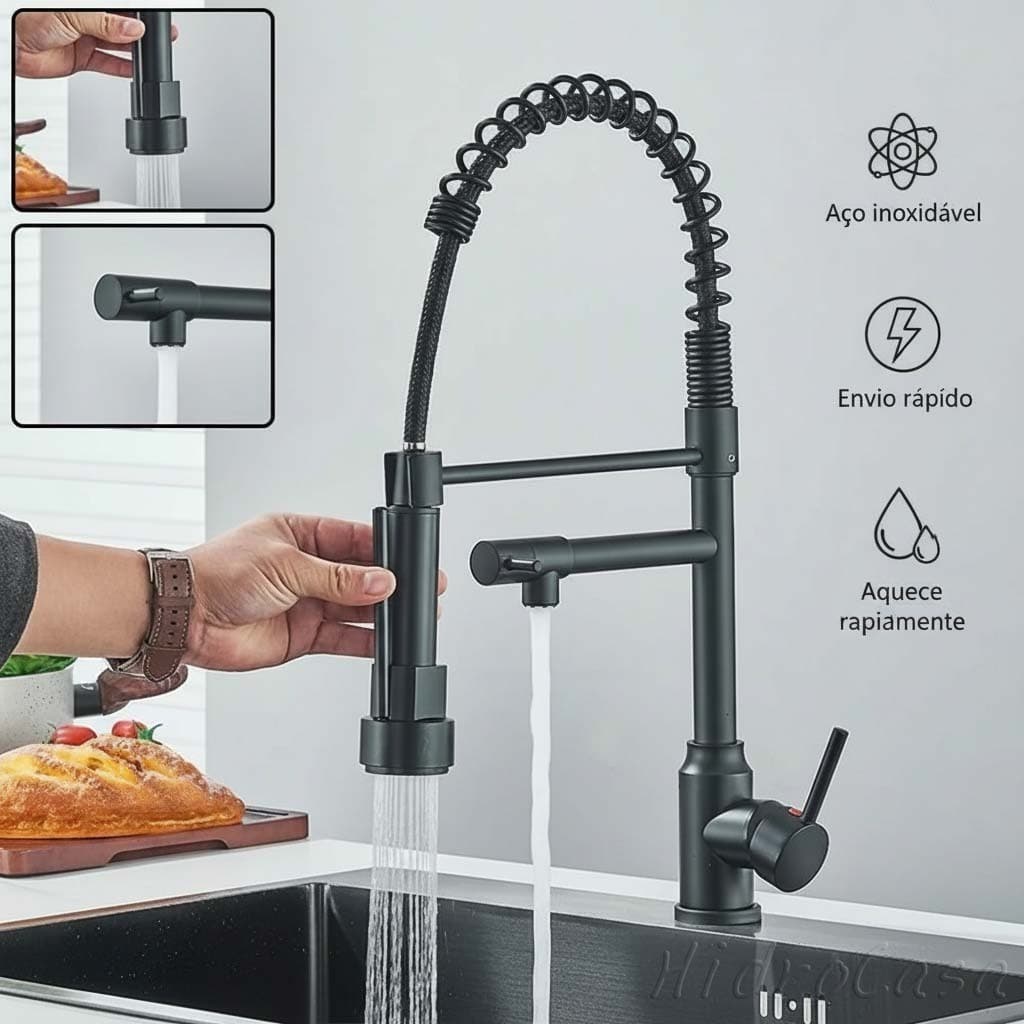 360 ° Torneira Giratória De Cozinha Montada Na Parede Com Jato Duplo De Aço Inoxidável Resistente E Moderno Flexível