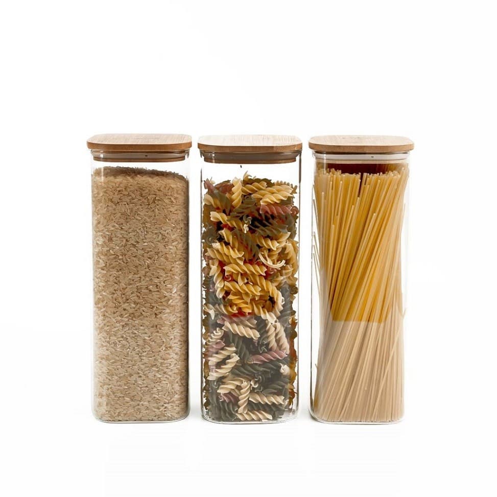 Kit de Pote Hermético de Vidro Quadrado com Tampa de Bambu 3 Peças - Oikos