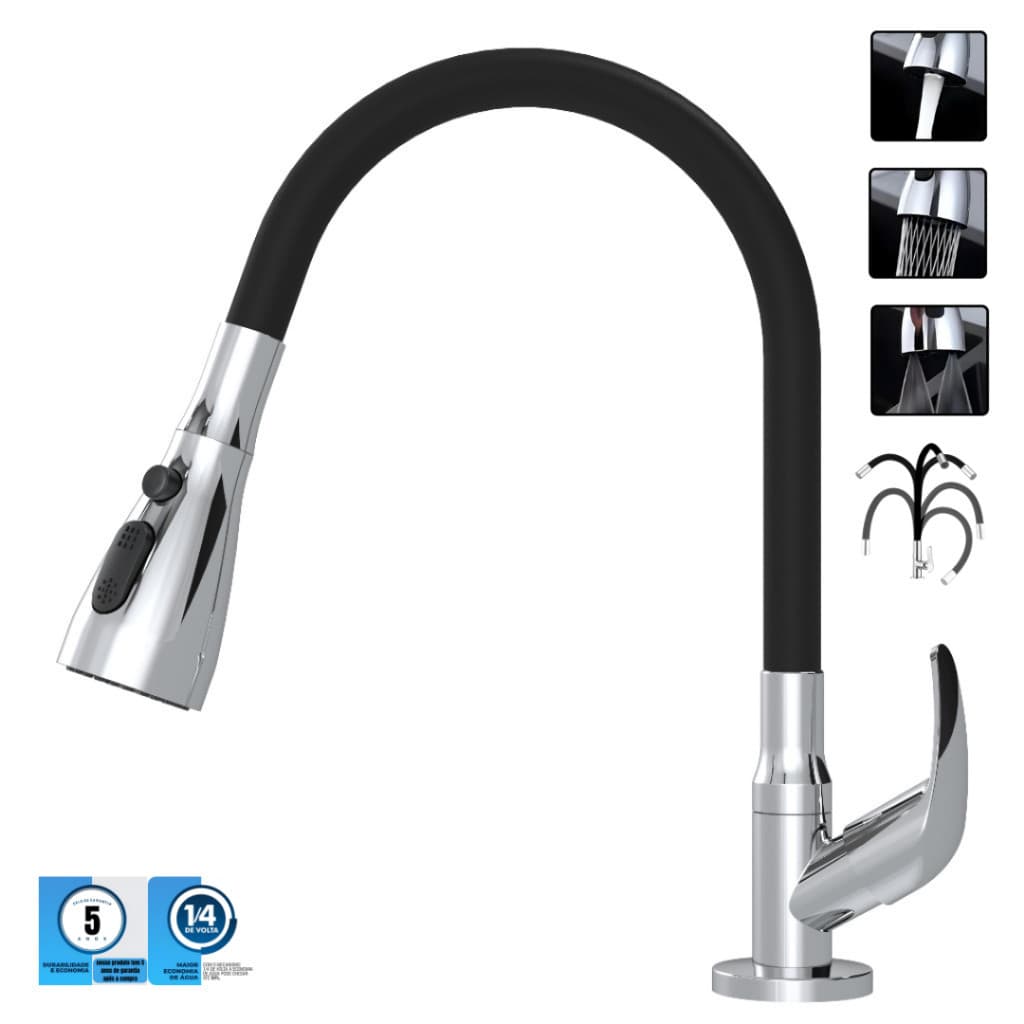 Torneira Cozinha Gourmet 3 jatos Mesa Bancada Pia Flexível Preta Abs