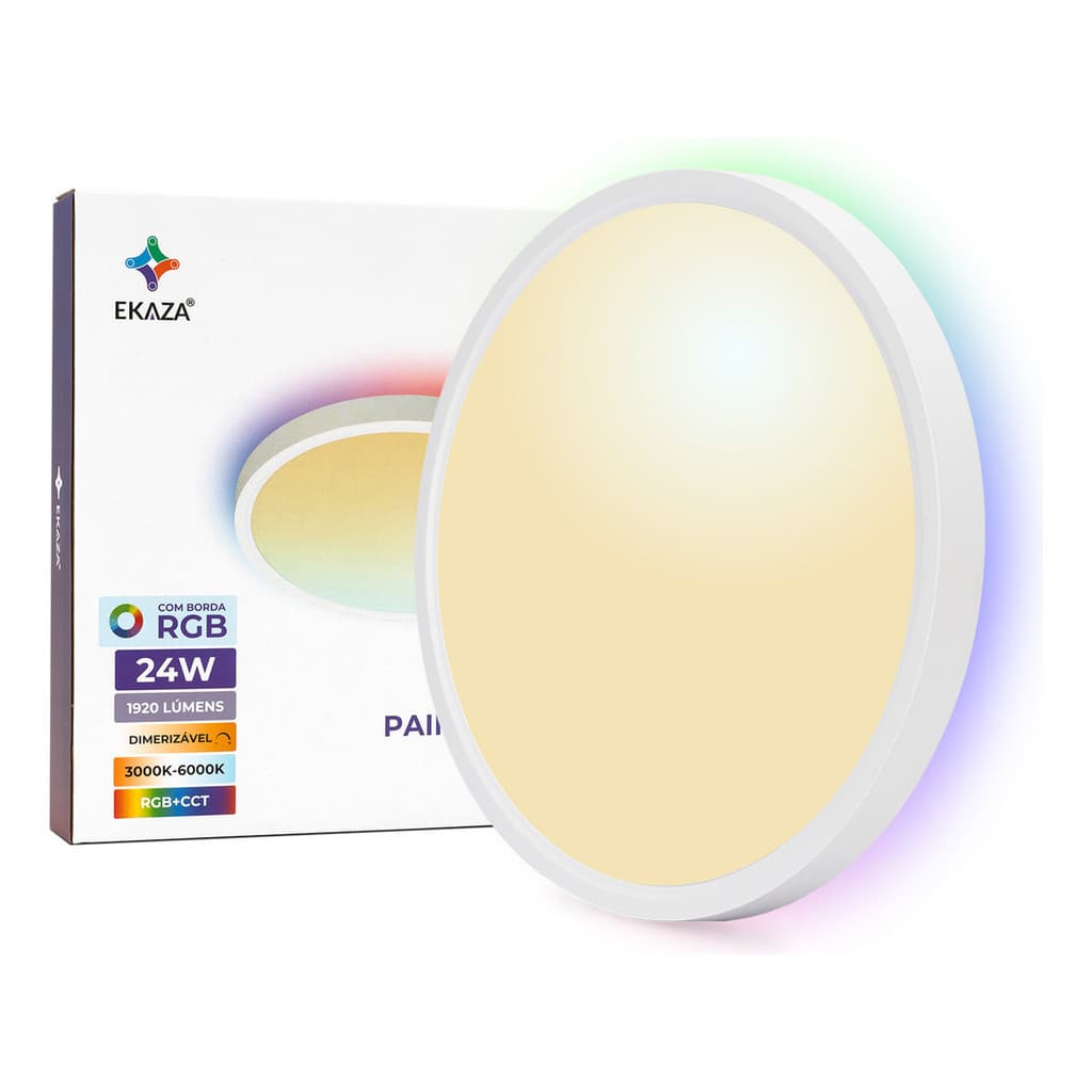 Painel Led Plafon Inteligente Smart Com Borda Rgb Sobrepor Redondo 24w Alexa Google Home Branco Ekaza 127/220v