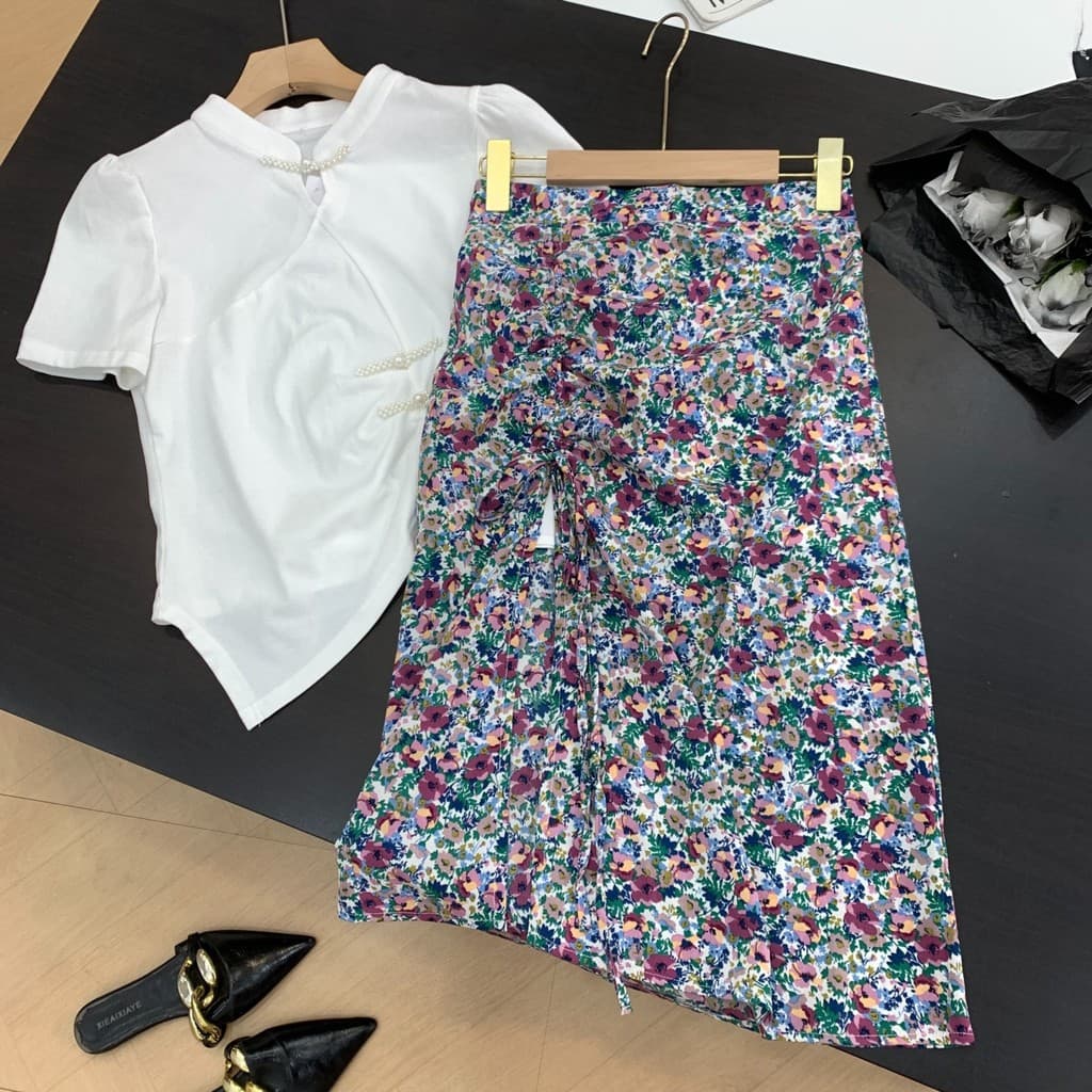 Festival da Primavera Entrega Verão Moda Temperamento Casual Commuter Cordão Slim-fit Design Saia Floral G#20