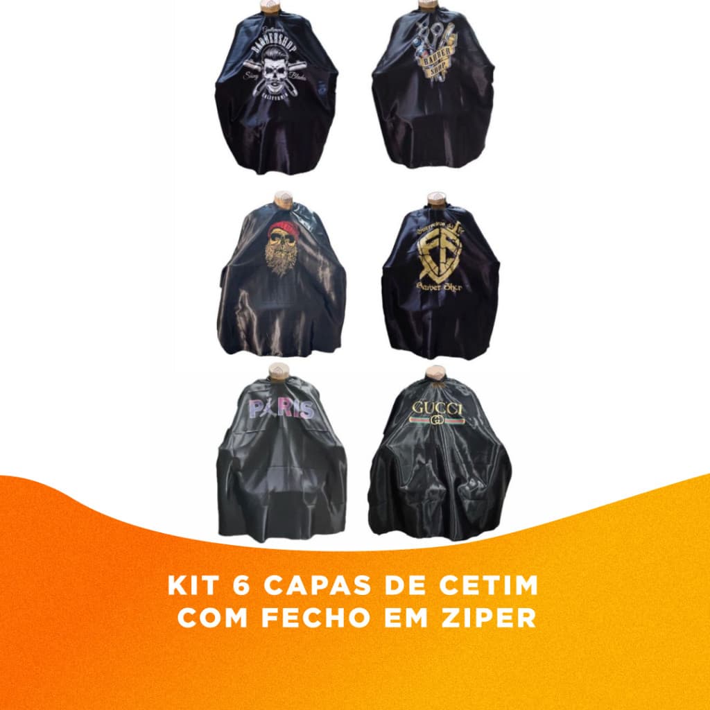 Kit 6 Capas Para Corte Cabeleireiro Barbeiro De Cetim Preto Com Fecho De Zíper