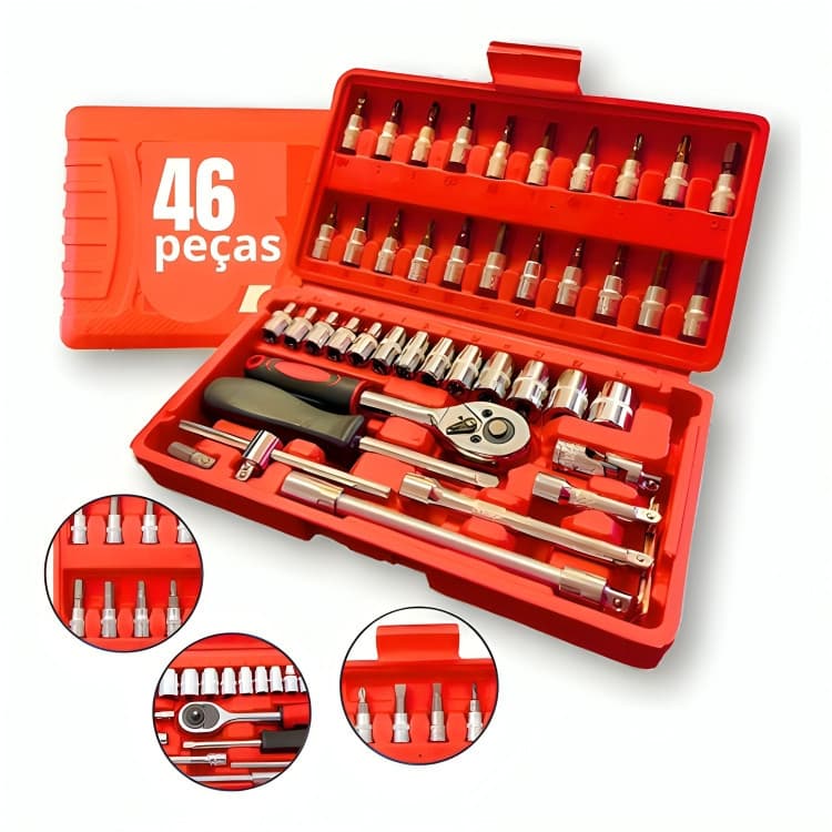 Kit Maleta De Ferramentas 46 Peças Jogo De Soquetes Jogo De Ferramentas Chave Catraca Reversível Com Maleta Completo