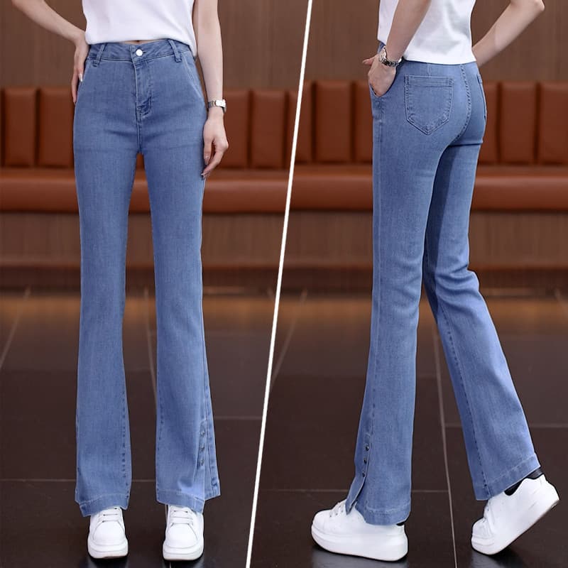 Flare Jeans feminino 2025 novo estilo feminino verão fino queimado calças femininas cintura alta mais magro olhar ferrad