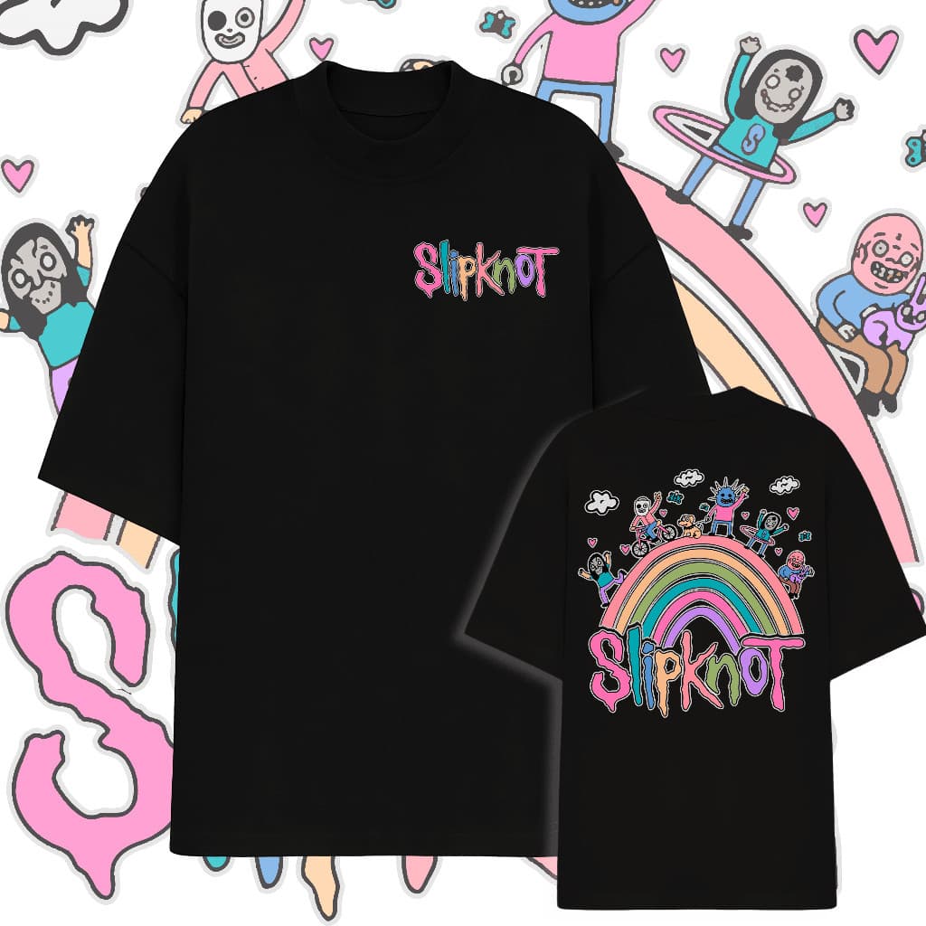 WDROP CAMISETA [Camiseta Premium em Algodão Puro]SISI OVERSIZED Slipknot Banda Rock Metal Cartoon Cute Arco Iris Frente