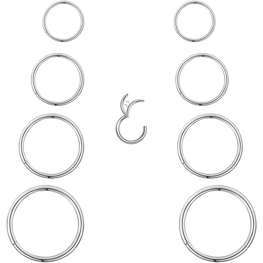 Conjunto de 4 pares (8 peças) de argolas de aço inoxidável cirúrgico 16G/18G para septo, argolas articuladas clicker seg