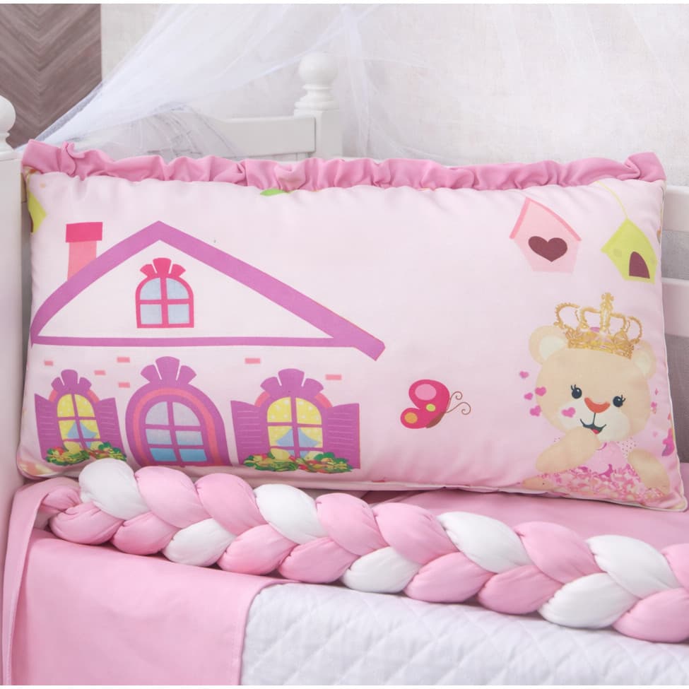 Kit Mini Berço 08 Peças com Trança, Mosquiteiro e Edredom – Enxoval Bebê Estampa Fofa e Confortável
