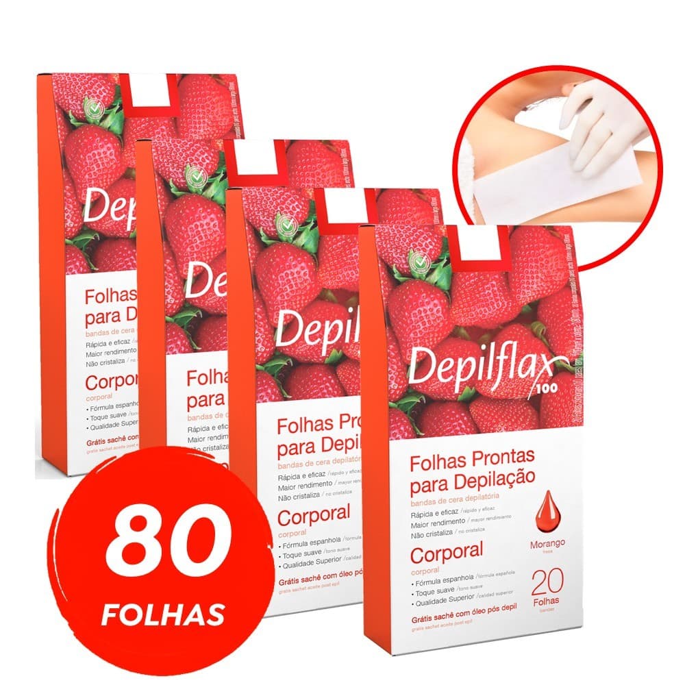 Kit 4 Caixas Folhas Depilatórias Prontas Depilação Corporal Pernas Depilflax Morango 20 Unidades