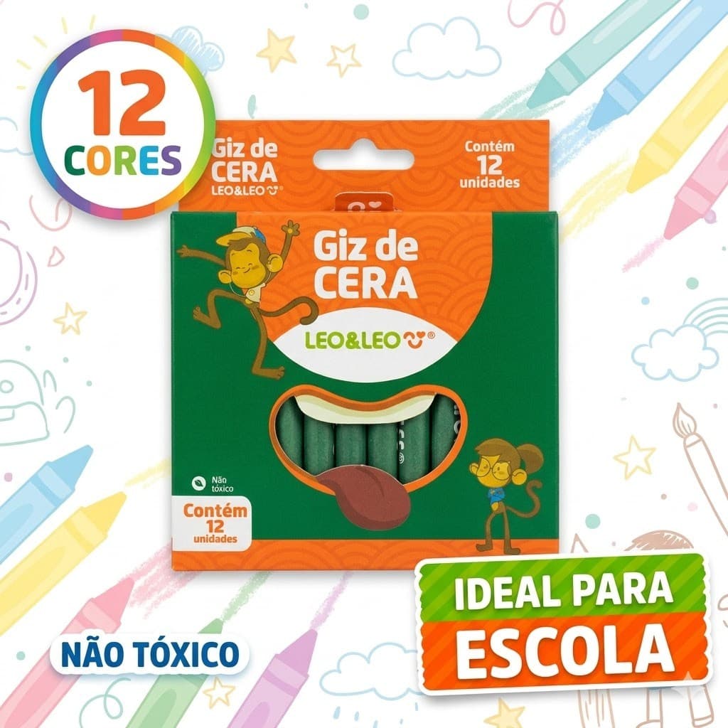Giz de Cera 12 Cores Leo&Leo Infantil Escolar Não Tóxico 8X88mm